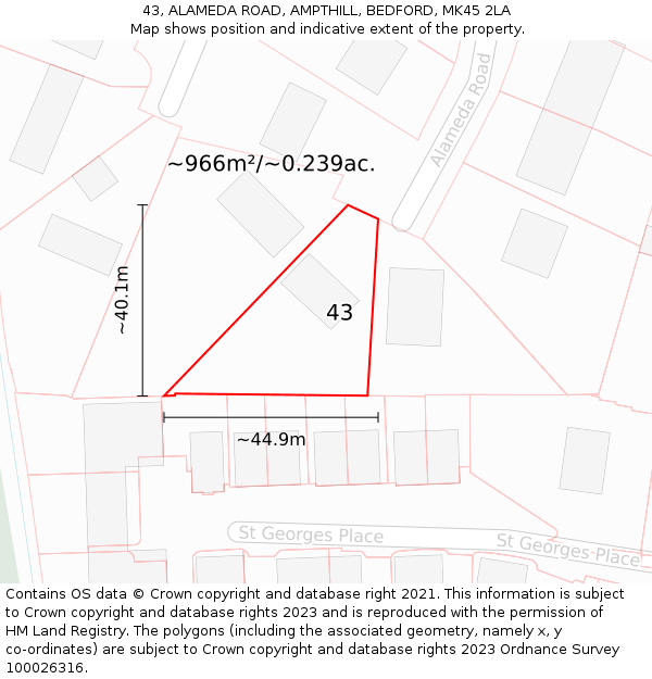 43, ALAMEDA ROAD, AMPTHILL, BEDFORD, MK45 2LA: Plot and title map