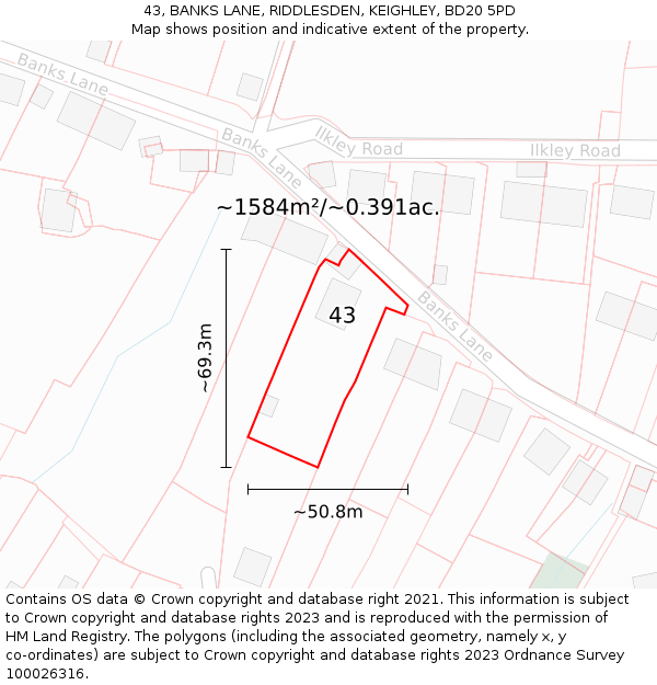 43, BANKS LANE, RIDDLESDEN, KEIGHLEY, BD20 5PD: Plot and title map