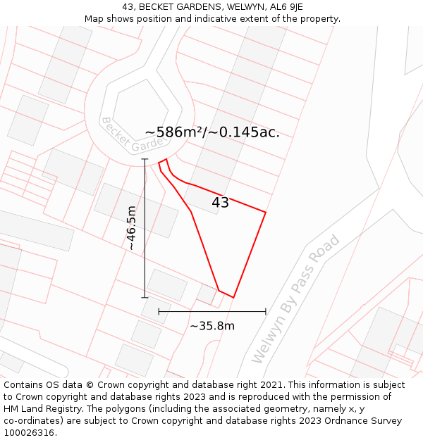 43, BECKET GARDENS, WELWYN, AL6 9JE: Plot and title map