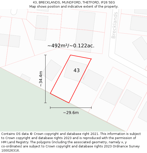 43, BRECKLANDS, MUNDFORD, THETFORD, IP26 5EG: Plot and title map