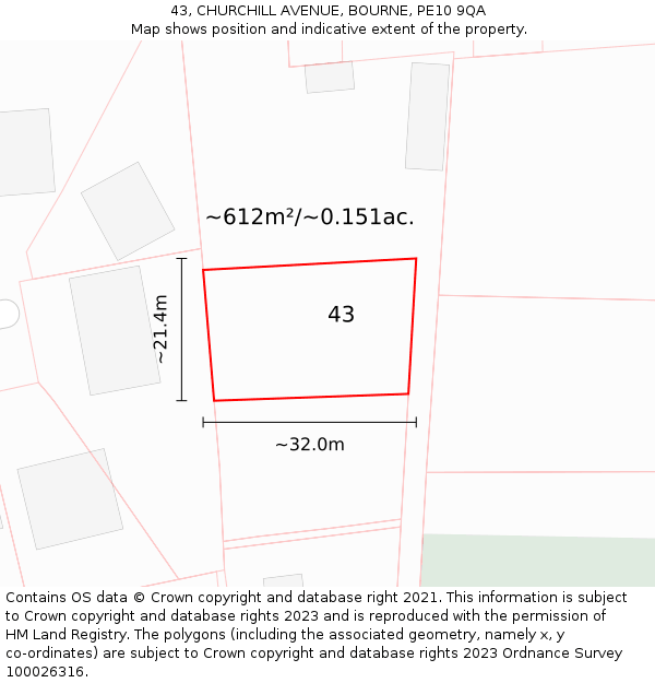 43, CHURCHILL AVENUE, BOURNE, PE10 9QA: Plot and title map