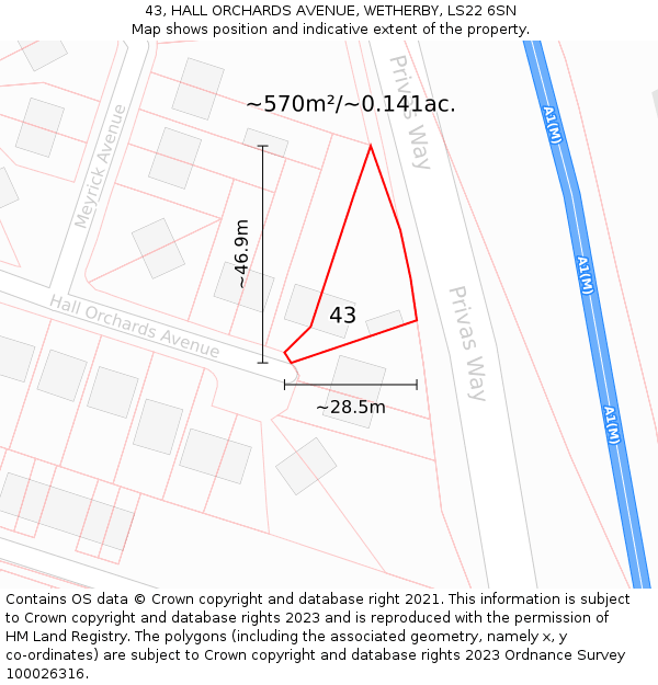 43, HALL ORCHARDS AVENUE, WETHERBY, LS22 6SN: Plot and title map