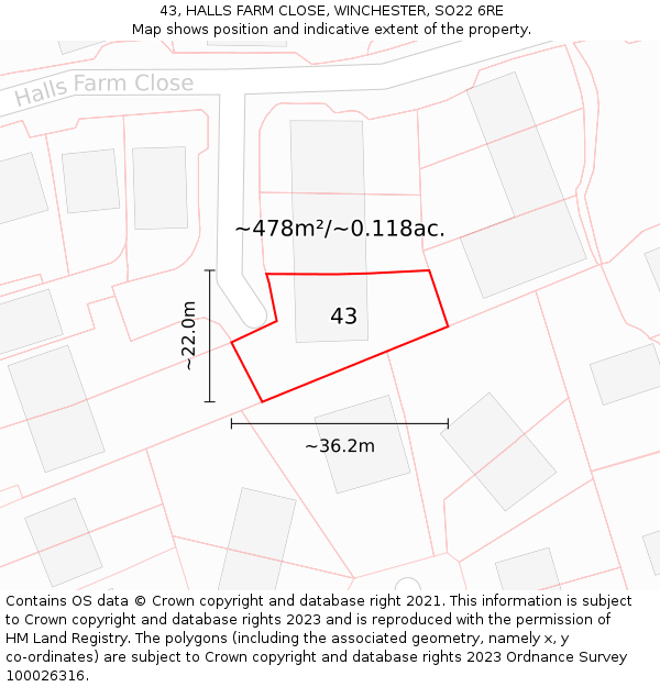 43, HALLS FARM CLOSE, WINCHESTER, SO22 6RE: Plot and title map