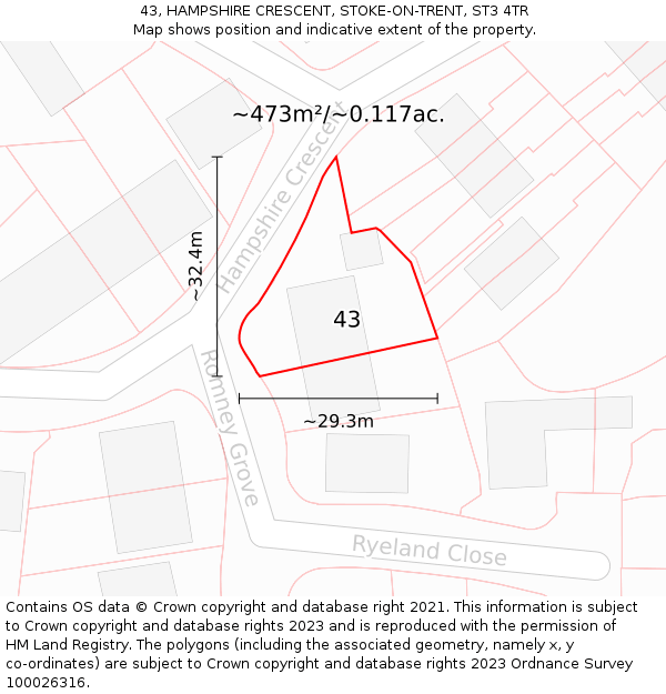 43, HAMPSHIRE CRESCENT, STOKE-ON-TRENT, ST3 4TR: Plot and title map