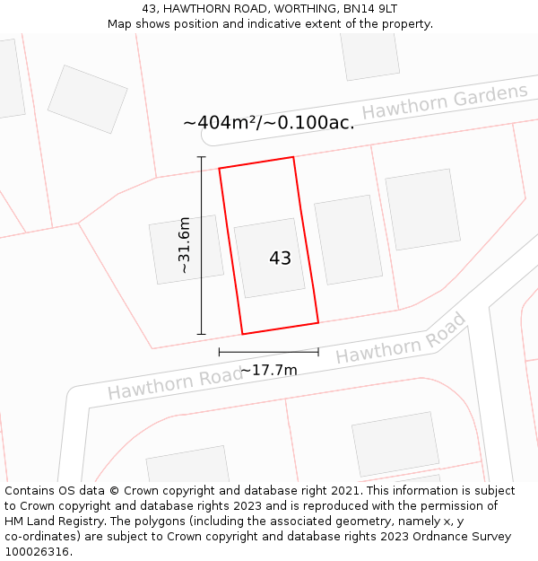 43, HAWTHORN ROAD, WORTHING, BN14 9LT: Plot and title map