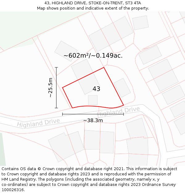 43, HIGHLAND DRIVE, STOKE-ON-TRENT, ST3 4TA: Plot and title map