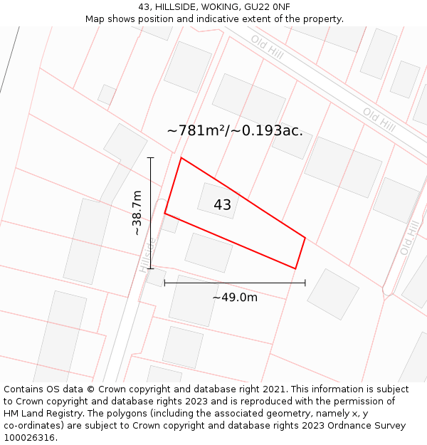 43, HILLSIDE, WOKING, GU22 0NF: Plot and title map