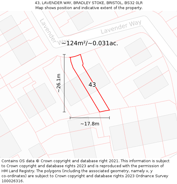 43, LAVENDER WAY, BRADLEY STOKE, BRISTOL, BS32 0LR: Plot and title map