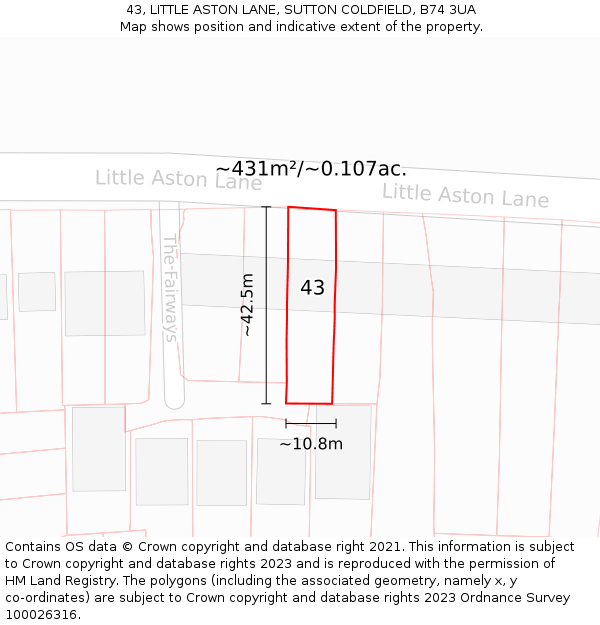 43, LITTLE ASTON LANE, SUTTON COLDFIELD, B74 3UA: Plot and title map