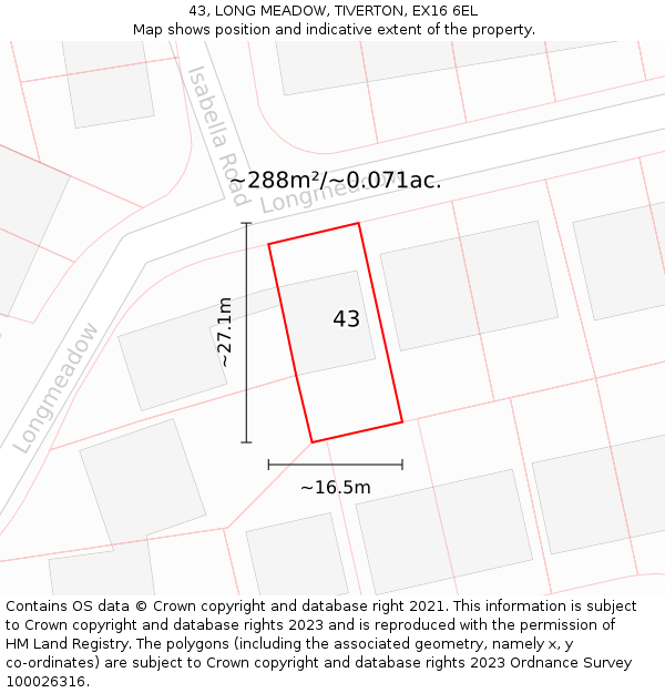 43, LONG MEADOW, TIVERTON, EX16 6EL: Plot and title map