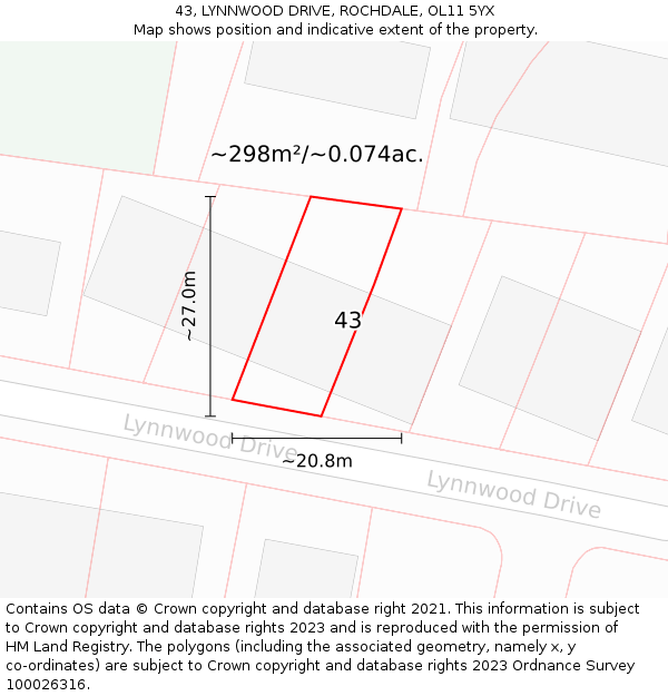 43, LYNNWOOD DRIVE, ROCHDALE, OL11 5YX: Plot and title map
