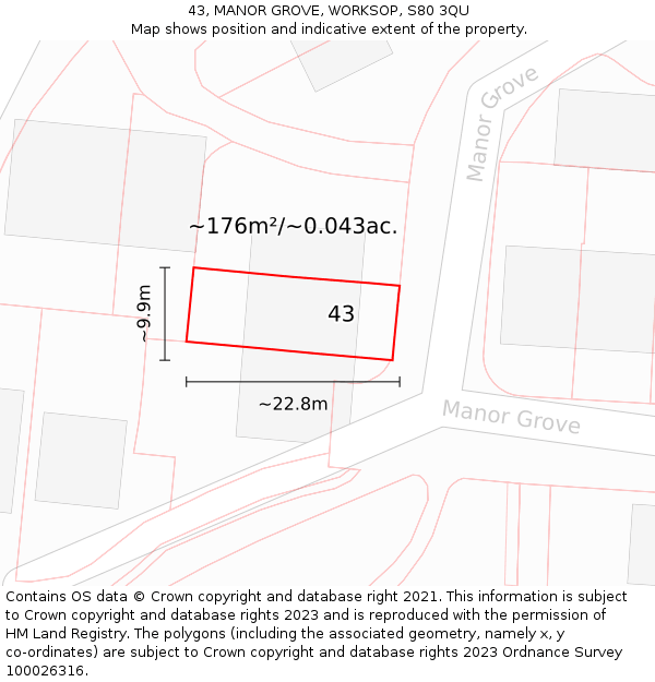 43, MANOR GROVE, WORKSOP, S80 3QU: Plot and title map