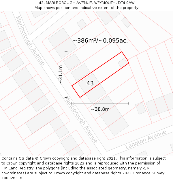 43, MARLBOROUGH AVENUE, WEYMOUTH, DT4 9AW: Plot and title map