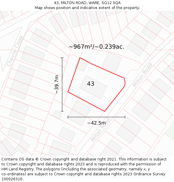 43, MILTON ROAD, WARE, SG12 0QA: Plot and title map