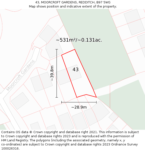 43, MOORCROFT GARDENS, REDDITCH, B97 5WG: Plot and title map