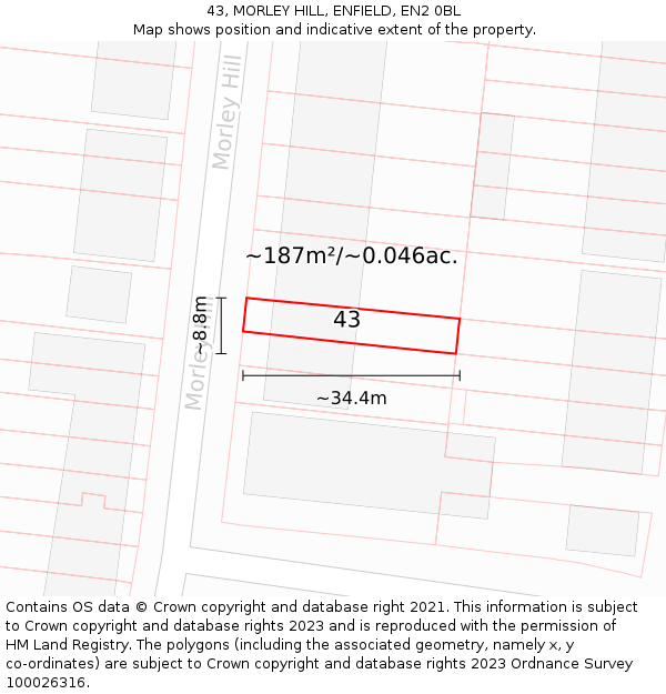 43, MORLEY HILL, ENFIELD, EN2 0BL: Plot and title map