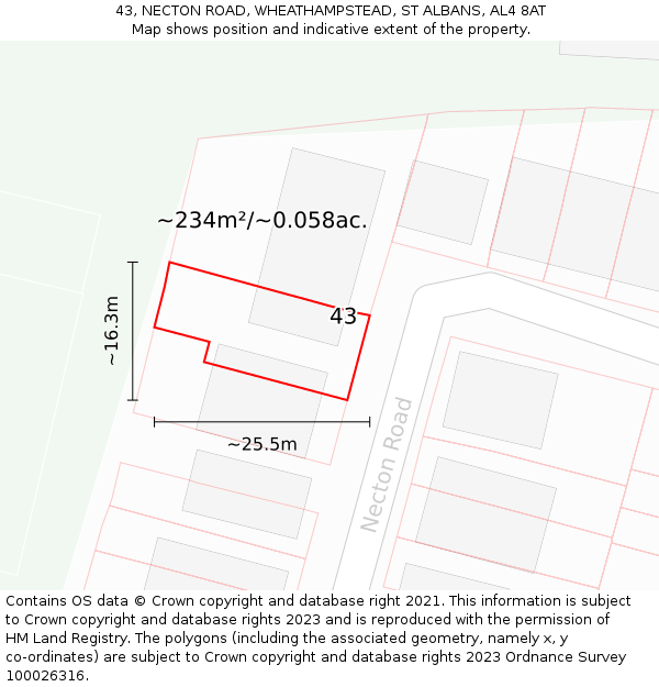 43, NECTON ROAD, WHEATHAMPSTEAD, ST ALBANS, AL4 8AT: Plot and title map