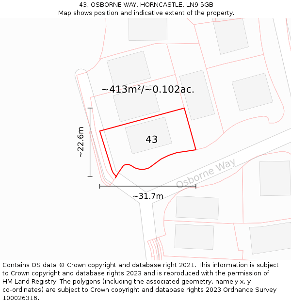 43, OSBORNE WAY, HORNCASTLE, LN9 5GB: Plot and title map