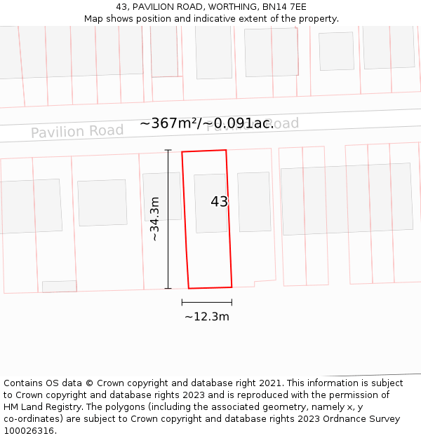 43, PAVILION ROAD, WORTHING, BN14 7EE: Plot and title map