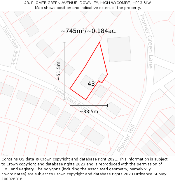 43, PLOMER GREEN AVENUE, DOWNLEY, HIGH WYCOMBE, HP13 5LW: Plot and title map