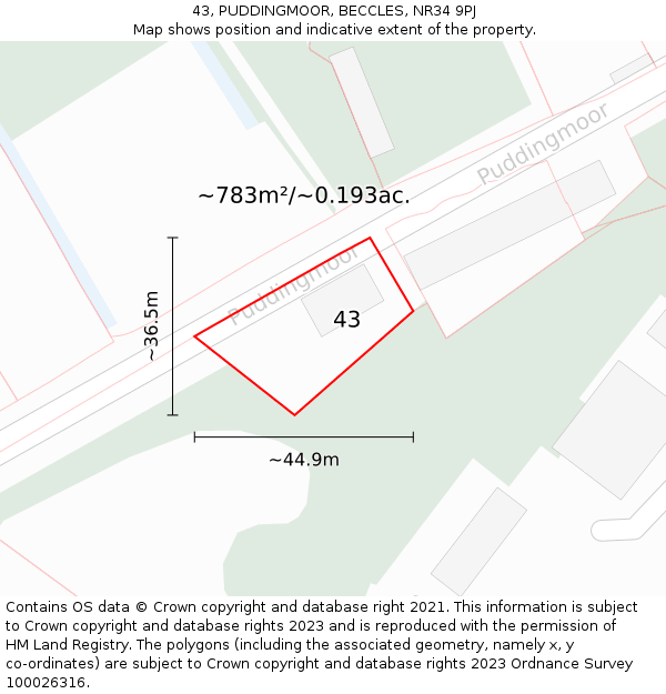 43, PUDDINGMOOR, BECCLES, NR34 9PJ: Plot and title map