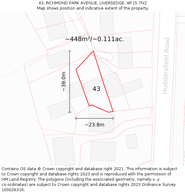 43, RICHMOND PARK AVENUE, LIVERSEDGE, WF15 7NZ: Plot and title map