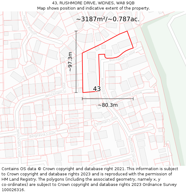 43, RUSHMORE DRIVE, WIDNES, WA8 9QB: Plot and title map