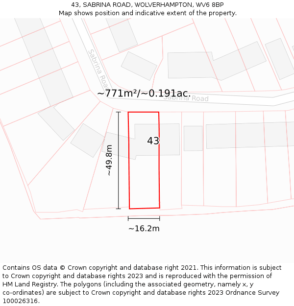 43, SABRINA ROAD, WOLVERHAMPTON, WV6 8BP: Plot and title map