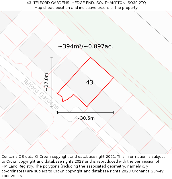 43, TELFORD GARDENS, HEDGE END, SOUTHAMPTON, SO30 2TQ: Plot and title map