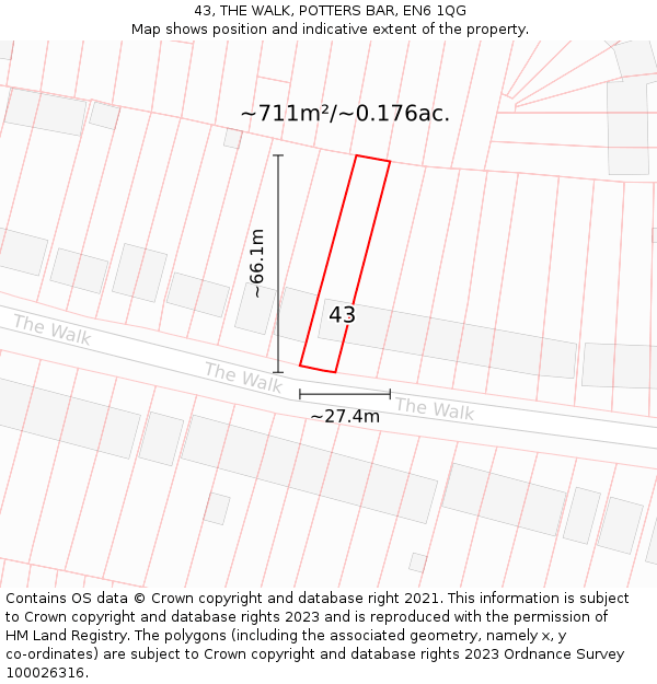 43, THE WALK, POTTERS BAR, EN6 1QG: Plot and title map