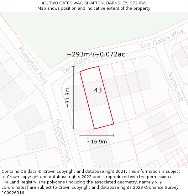 43, TWO GATES WAY, SHAFTON, BARNSLEY, S72 8WL: Plot and title map