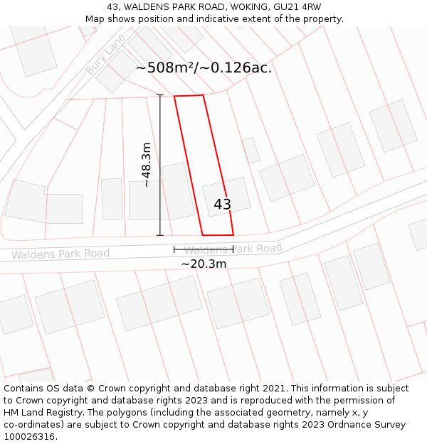 43, WALDENS PARK ROAD, WOKING, GU21 4RW: Plot and title map