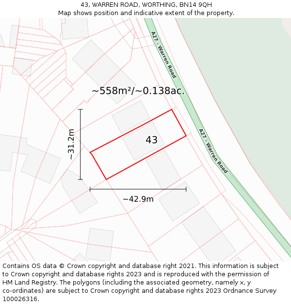 43, WARREN ROAD, WORTHING, BN14 9QH: Plot and title map