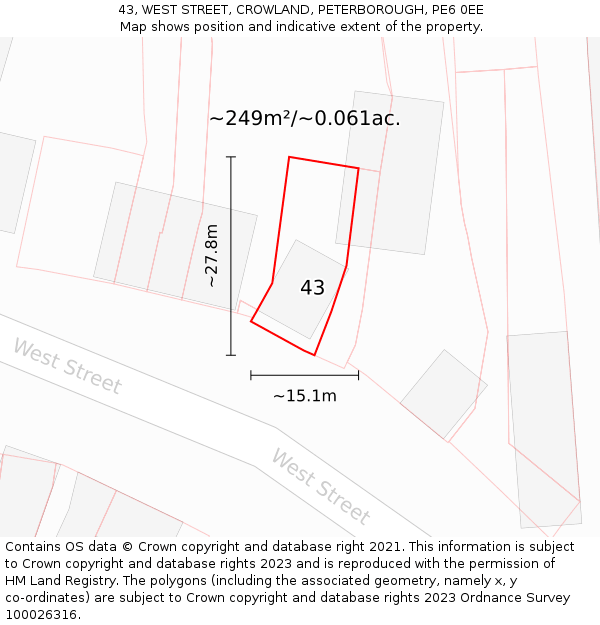 43, WEST STREET, CROWLAND, PETERBOROUGH, PE6 0EE: Plot and title map