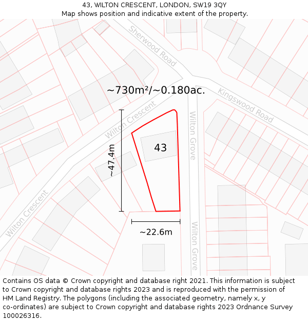 43, WILTON CRESCENT, LONDON, SW19 3QY: Plot and title map