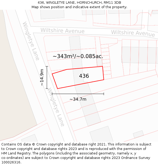 436, WINGLETYE LANE, HORNCHURCH, RM11 3DB: Plot and title map