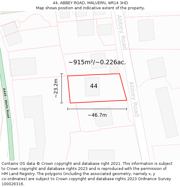 44, ABBEY ROAD, MALVERN, WR14 3HD: Plot and title map