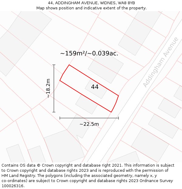 44, ADDINGHAM AVENUE, WIDNES, WA8 8YB: Plot and title map