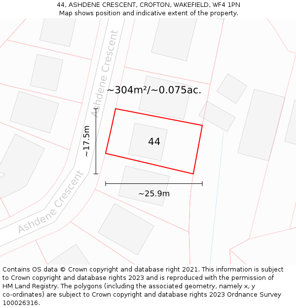 44, ASHDENE CRESCENT, CROFTON, WAKEFIELD, WF4 1PN: Plot and title map