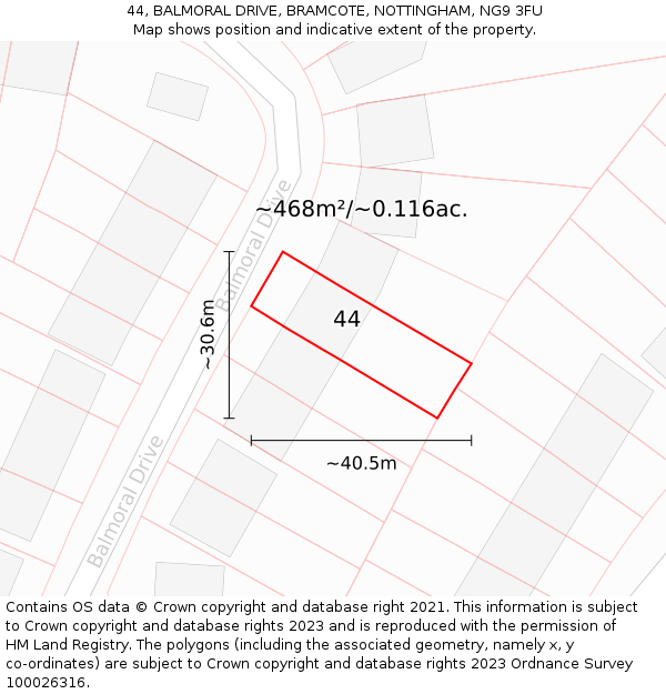 44, BALMORAL DRIVE, BRAMCOTE, NOTTINGHAM, NG9 3FU: Plot and title map