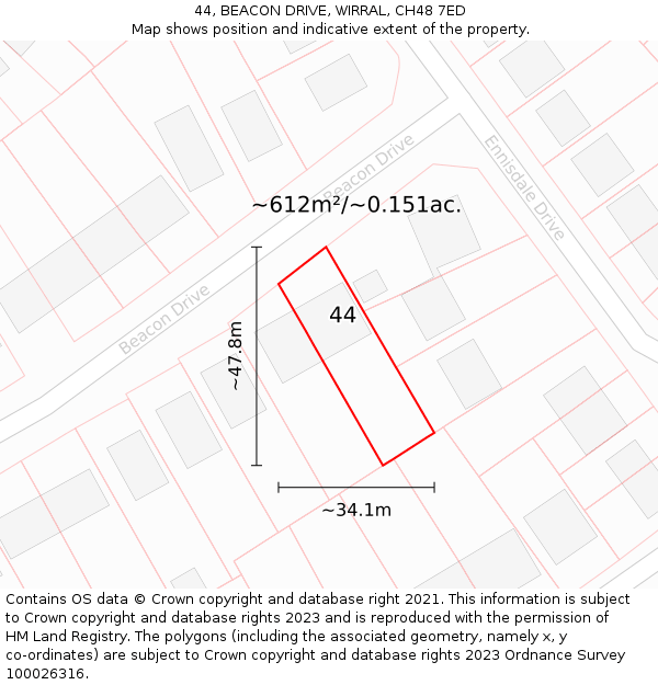 44, BEACON DRIVE, WIRRAL, CH48 7ED: Plot and title map