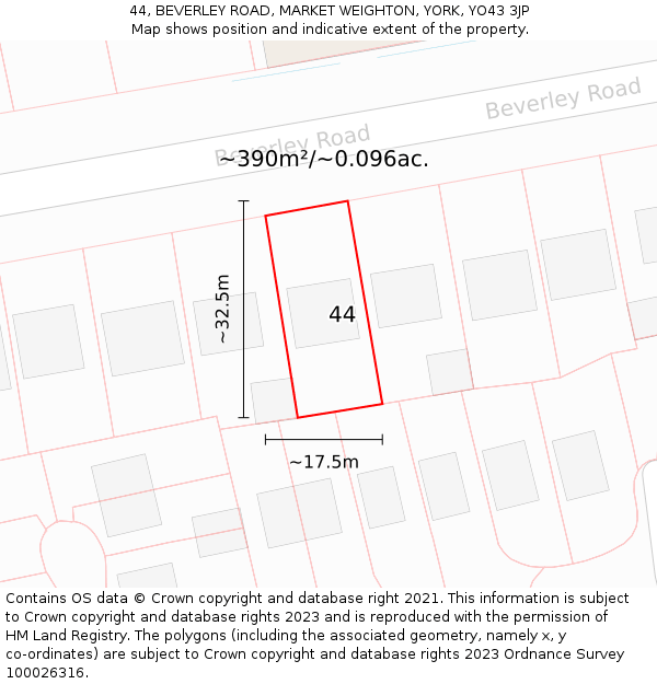 44, BEVERLEY ROAD, MARKET WEIGHTON, YORK, YO43 3JP: Plot and title map