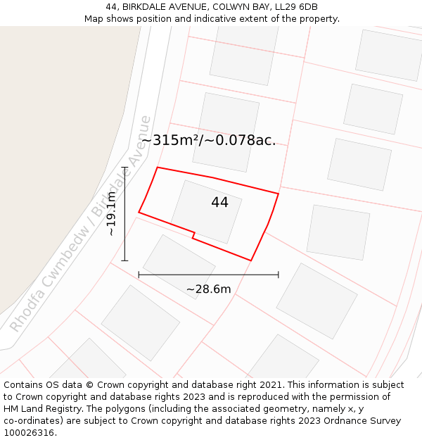 44, BIRKDALE AVENUE, COLWYN BAY, LL29 6DB: Plot and title map