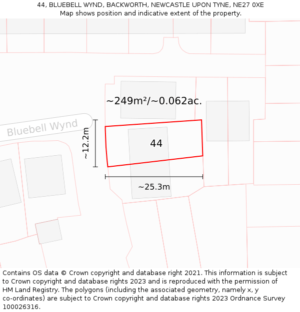 44, BLUEBELL WYND, BACKWORTH, NEWCASTLE UPON TYNE, NE27 0XE: Plot and title map