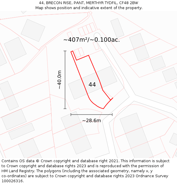 44, BRECON RISE, PANT, MERTHYR TYDFIL, CF48 2BW: Plot and title map