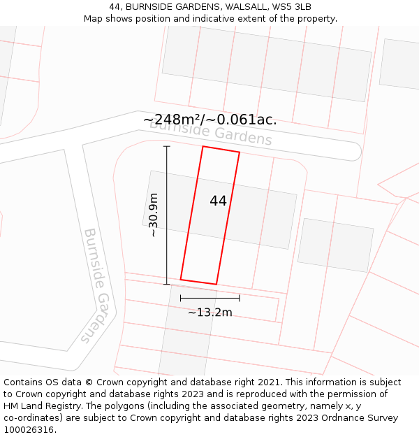 44, BURNSIDE GARDENS, WALSALL, WS5 3LB: Plot and title map