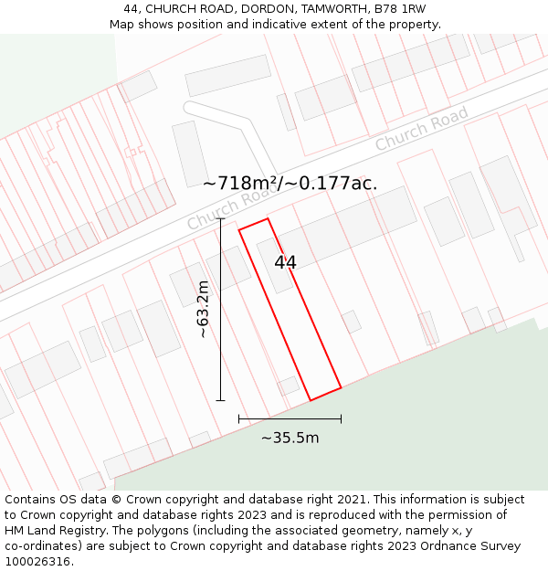 44, CHURCH ROAD, DORDON, TAMWORTH, B78 1RW: Plot and title map