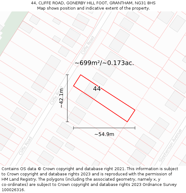 44, CLIFFE ROAD, GONERBY HILL FOOT, GRANTHAM, NG31 8HS: Plot and title map