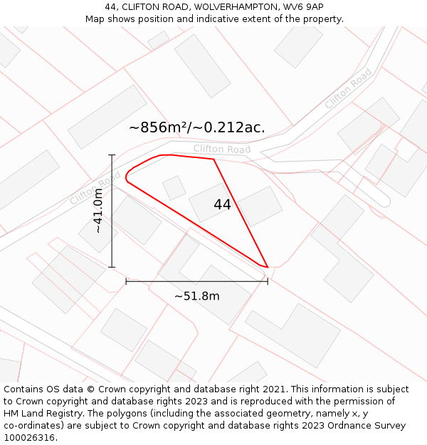 44, CLIFTON ROAD, WOLVERHAMPTON, WV6 9AP: Plot and title map