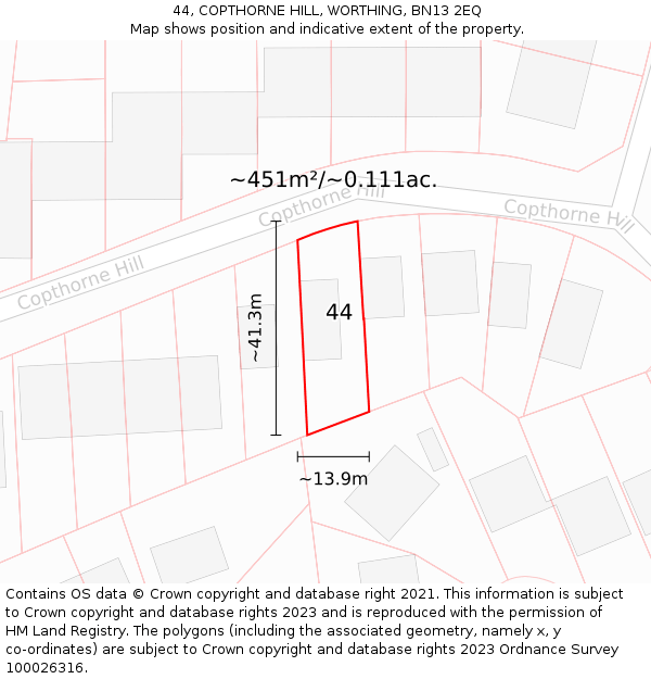 44, COPTHORNE HILL, WORTHING, BN13 2EQ: Plot and title map